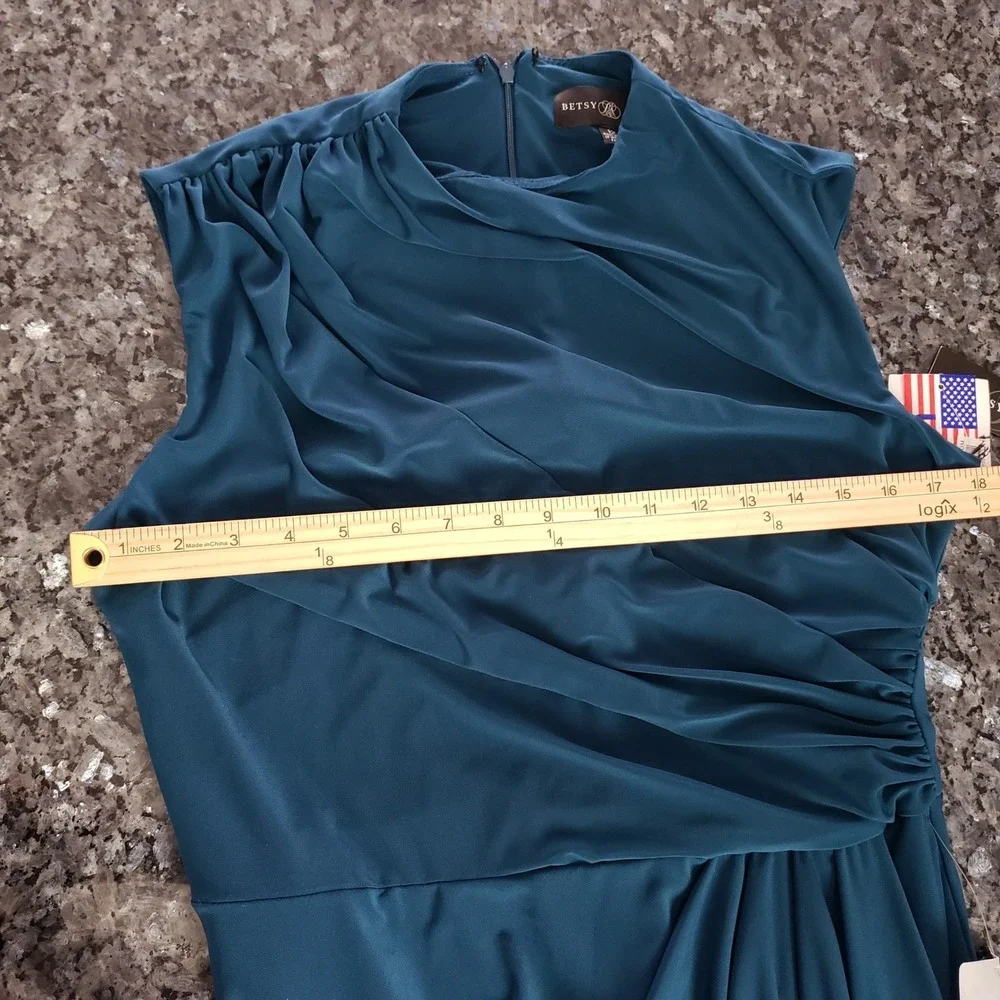 Betsy & Adam Dress Size 12 Mallard Teal Ruched Mock Neck Draped Maxi Gown - Picture 11 of 11